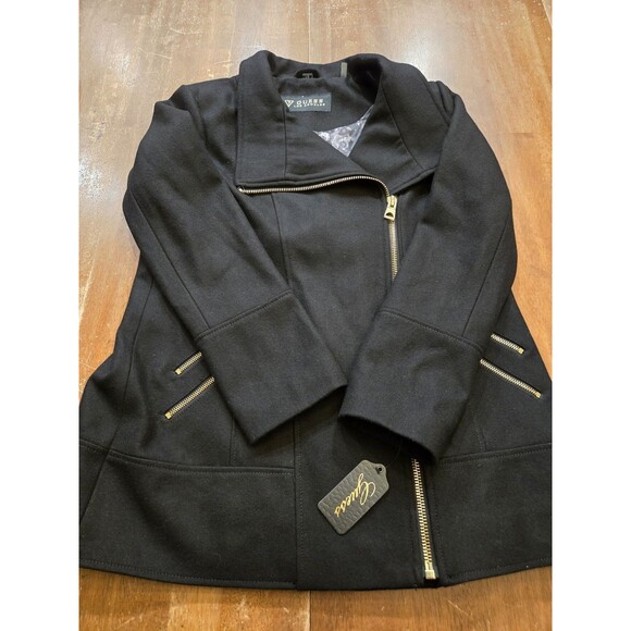 NWT Guess L Black Wool Gold Zip Coat Nordstrom long Chic Classic Asymmetrical - Picture 1 of 16